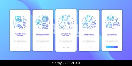 Sharing economy onboarding mobile app page screen with concepts Stock Vector