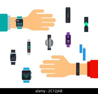 Fitness trackers on hands. Vector flat illustrations. Sports lifestyle. Stock Vector