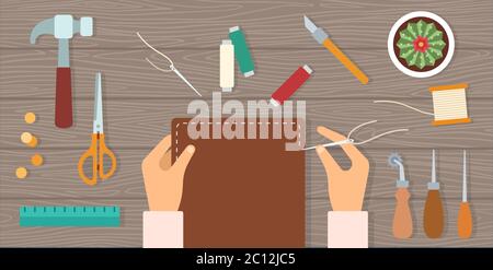 Man hands sew a leather notebook cover and tools around on a table vector icon flat isolated Stock Vector