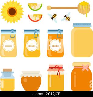 Set of glass containers, bees, wooden spoon with honey drops, a sunflower and slices of apples with honey flows flat isolated Stock Vector