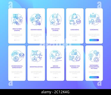 Collaborative economy onboarding mobile app page screen with concepts set Stock Vector