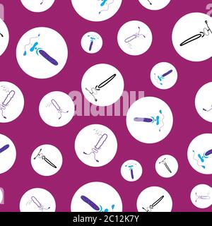 Bikes in spotlight scattered on purple background polka dots seamless repeat vector pattern Stock Vector
