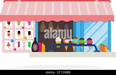 Ice cream shop window with a menu vector icon flat isolated illustration Stock Vector