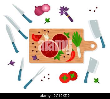 Cutting board with meat, vegetables, spices and different knives, top view vector illustration Stock Vector