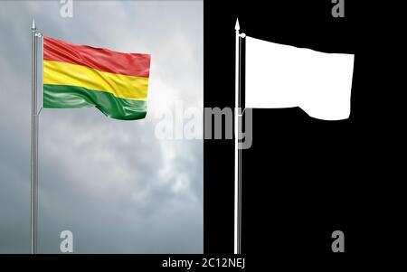 3d illustration of the state flag of the Plurinational State of Bolivia moving in the wind at the flagpole in front of a cloudy sky with its alpha cha Stock Photo