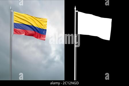 3d illustration of the state flag of the Republic of Colombia moving in the wind at the flagpole in front of a cloudy sky with its alpha channel Stock Photo