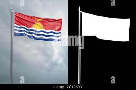 3d illustration of the state flag of the Republic of Kiribati moving in the wind at the flagpole in front of a cloudy sky with its alpha channel Stock Photo