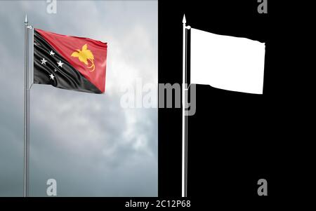 3d illustration of the state flag of the Independent State of Papua New Guinea moving in the wind at the flagpole in front of a cloudy sky with its al Stock Photo