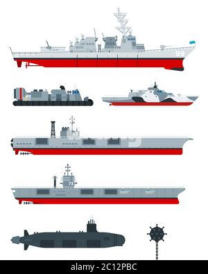Military ships vector flat icons. Different types of naval combat ships set, military boats, ships. Stock Vector