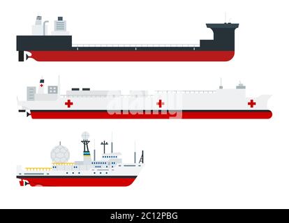 Illustration of different types of ships, cargo, hospital and research vessel vector illustration Stock Vector