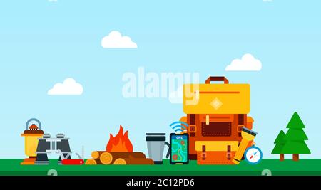 Illustration with camping equipment for mountain tourism on a background of nature flat vector set Stock Vector