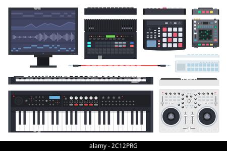 Set vector icons tools for create music in flat design. Workplace of musician. View from above. Stock Vector