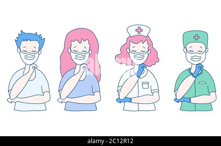 People with medical masks. A nurse and a doctor in medical clothes, a hat and gloves, and a guy and a girl with eyes closed. They wear medical masks Stock Vector