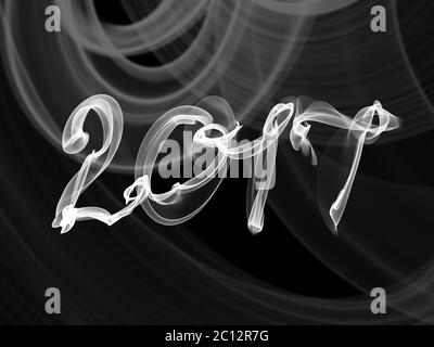 Happy new year 2017 isolated numbers written with smoke or fire on black blurred bokeh background frame curtains Stock Photo