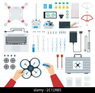 Set of equipment for the drone, repair by human hands vector illustration in a flat design Stock Vector