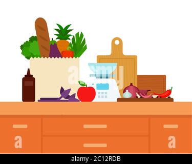 Recipes online. Vector flat illustrations. Home cooking concepts, set products on nightstand. Stock Vector