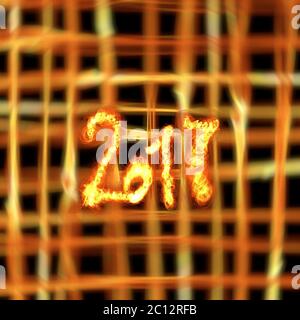 Happy new year 2017 isolated numbers written with fire on bright burning grid bokeh background. Stock Photo