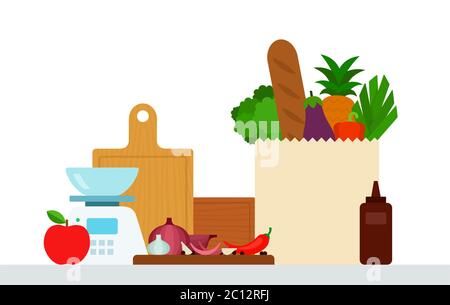 Set of products on the table and kitchen utensils vector illustration Stock Vector