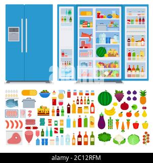 Refrigerator with closed and opened door. Set different foods. Vector flat illustrations. Stock Vector