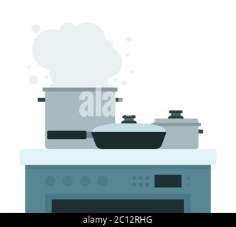 Electric stove with pots and pan vector illustration in a flat design. Stock Vector