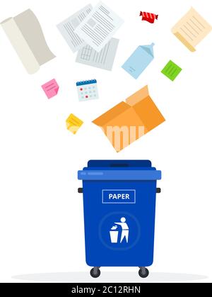 Blue trash can for paper waste flat isolated Stock Vector