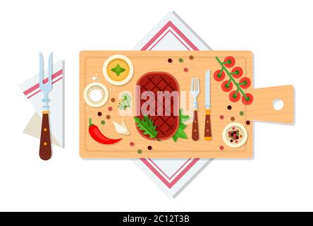Cooked meat steak on a wooden board with vegetables, seasonings and cutlery vector illustration Stock Vector