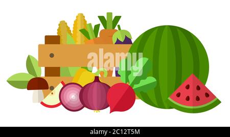 Harvest composition in a box, vegetables, berries and mushrooms nearby vector illustration Stock Vector