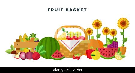 Harvest of different fruits and vegetables packed in basket, box vector illustration in flat design. Stock Vector