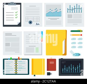 Collection documents, stationeries and laptop vector illustration in flat design. Stock Vector