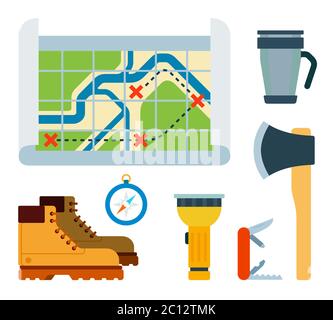 Travel equipment flat vector illustrations set. Essential tools for mountain trekking, travel. Stock Vector