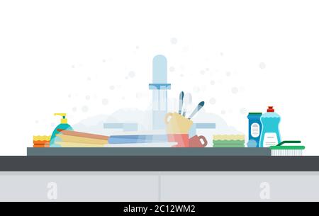 Unwashed dishes in the sink vector illustration in flat design. Stock Vector