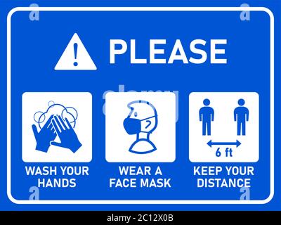 Horizontal Sign with Basic Measures against Coronavirus including Wash Your Hands, Wear a Face Mask, Keep Your Distance 6 ft or 6 Feet. Vector Image. Stock Vector