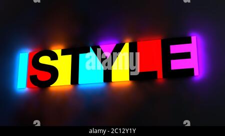 3d illustration of the colorful and glowing lettering of the word style Stock Photo
