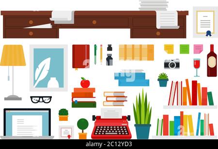 Set of Writer Workplace flat vector illustration. Stock Vector