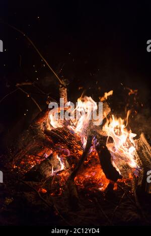 Brightly burning branches of trees in the fire at night, close-up Stock Photo