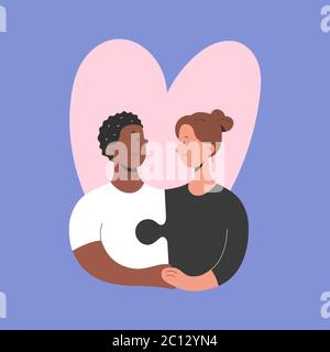 Interracial couple, african american and white caucasian boyfriend and girlfriend holding hands, perfect match, jigsaw puzzle pieces put together Stock Vector