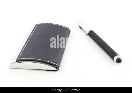 Visit card holder and pen isolated on white background Stock Photo