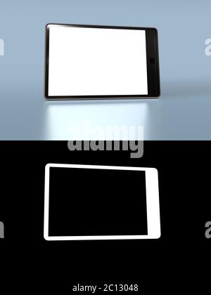 Tablet personal computer in black with chrome edge standing on reflective surface with a blank screen and alpha channel Stock Photo
