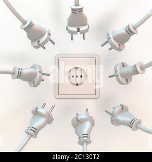 3d illustration of a wall socket with many power plugs around it Stock Photo