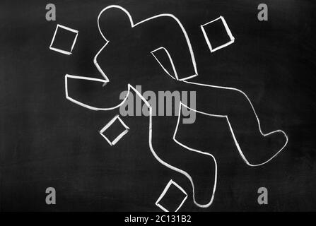 On the blackboard with chalk drawn silhouette of the murdered Stock Photo