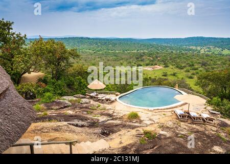 The swimming pool overlooking Lake Mburo National Park at Mihingo Lodge, Uganda Stock Photo