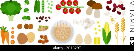 Vitamin B3 foods vector flat icons set. Isolated on white. Stock Vector