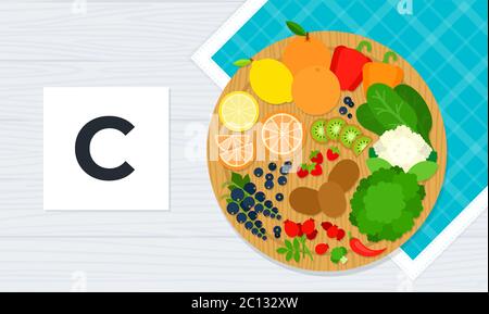 Vitamin C vector flat illustrations. Products with the maximum content of calcium. Stock Vector
