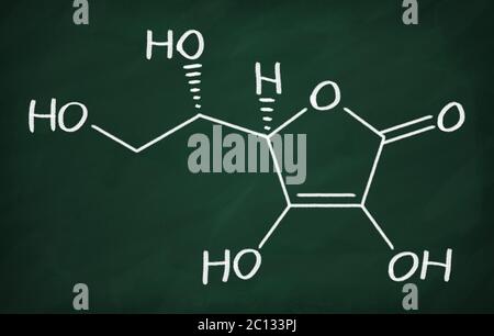 Chemical formula of Vitamin C on a blackboard Stock Photo