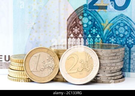 Stacks chart of gold coins isolated on white background Stock Photo