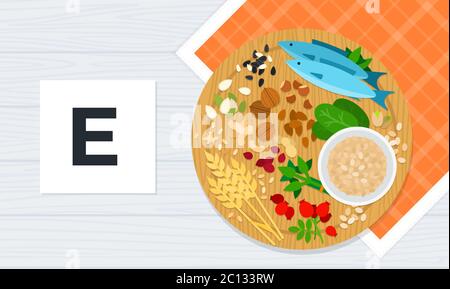 Vitamin E vector flat illustrations. Products with the maximum content of vitamin E. Stock Vector