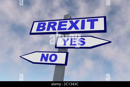 The road sign for Great Britain leaving EU. On the arrow write BREXIT. 3D rendering. Stock Photo