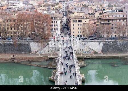 ROME - DECEMBER 31: Panoramic above view of Sant Angelo's bridge in Rome Italy on December 31 2015 Stock Photo