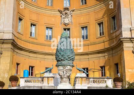 Roman bronze Pigna (pinecone) in front of the exhedra in the Cortile del Belvedere the Belvedere Courtyard Stock Photo