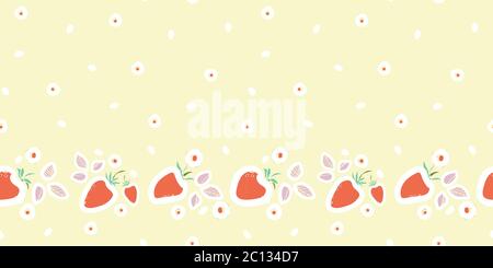 Vector cute pastel strawberry summer border. Graphic modern kawaii cut out repeating design. Hand drawn berry fruit pattern with leaf and dot on cream colored background. Hand drawn pastel backdrop. Stock Vector